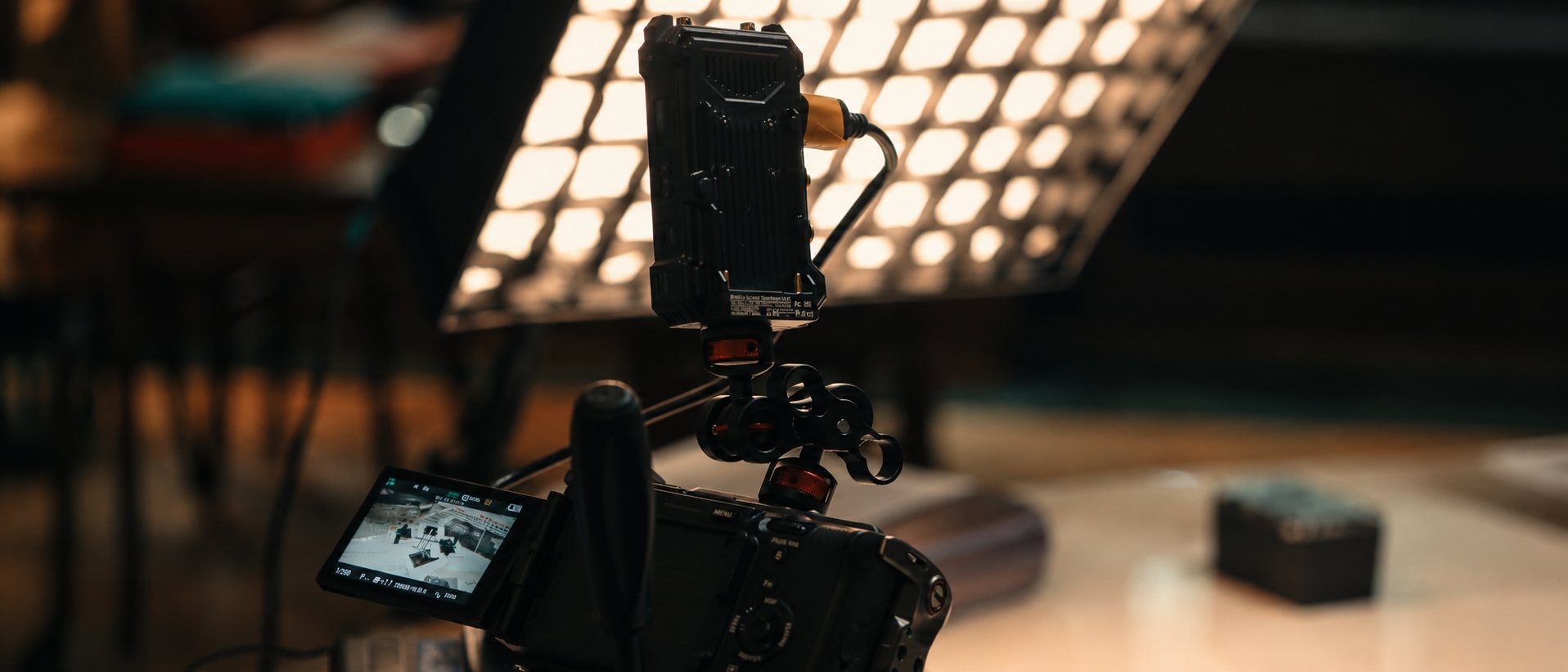 Camera rig under an LED panel in an archive room